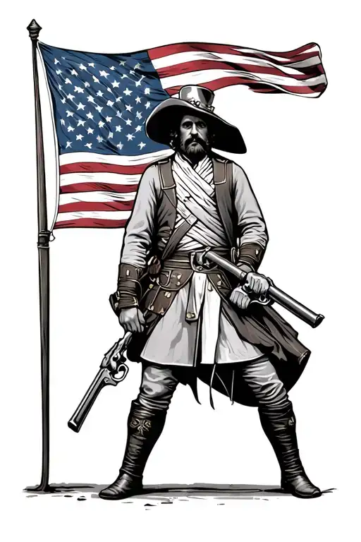 American revolutionary soldier with two pistols infront of a Betsy Ross flag tattoo design idea