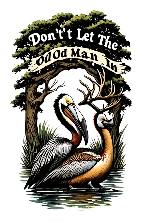 "Don't Let The Old Man In" Live Oak tree, Brown Pelican, Whitetail deer tattoo design idea