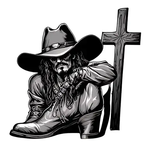 cross with cowboy hat and boots full height tattoo design idea