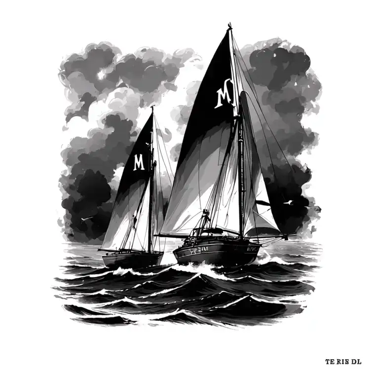 two sail boats racing ankle tattoo letters on sails to be M and I tattoo design idea