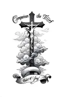 A cross with clouds around it and the words comparison is the thief of joy in a scroll tattoo design idea