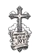 A cross with clouds around it and the words comparison is the thief of joy in a scroll tattoo design idea