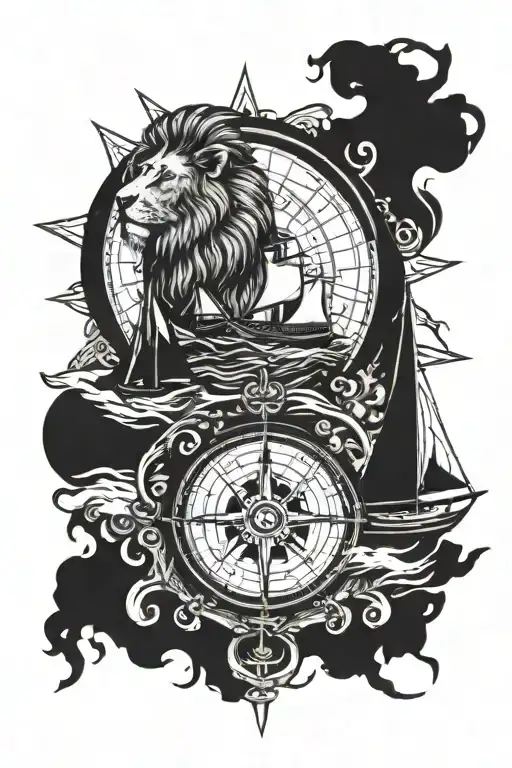 Compass with a lion and a boat sailing. In the compass tattoo design idea