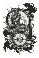 Compass with a lion and a boat sailing. In the compass tattoo design idea