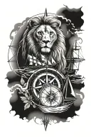 Compass with a lion and a boat sailing. In the compass tattoo design idea