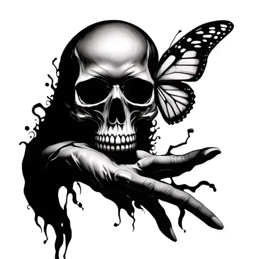 skull hand with skin growing back with butterfly on finger tattoo design idea