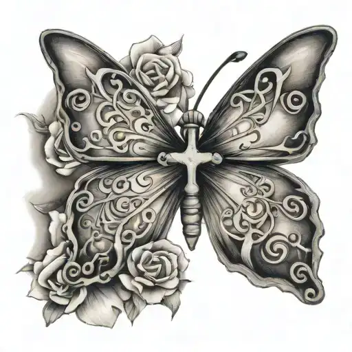 butterfly with cross and psalms 46:5 bible verse intertwined tattoo design idea