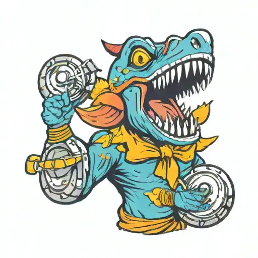 trex clown playing tambourines tattoo design idea