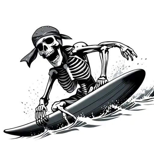 skeleton wearing a bandana while surfing tattoo design idea