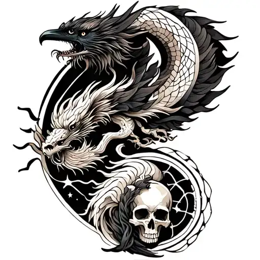 Chinese dragon and phoenix and skull and moon and raven tattoo design idea