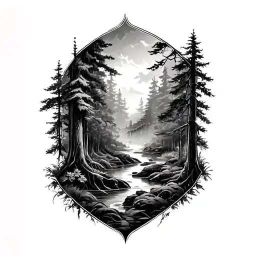 Final Tattoo Design Specification	•	Overall Composition:A lush, natural forest scene that serves as the tattoo’s centr tattoo design idea