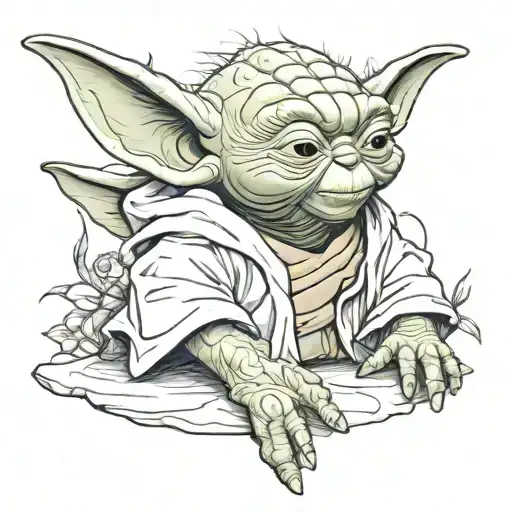 little master yoda tattoo or more precisely grogu. he should be in the company of disney character pluto and donkey eeyore. n tattoo design idea