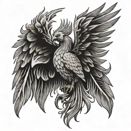 realistic phoenix with detailed feathers and flames rising from the ashes. tattoo design idea