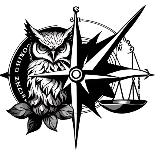 Compass with owl symbol in north, lion head in south, justice scale in west and lotus flower in east tattoo design idea