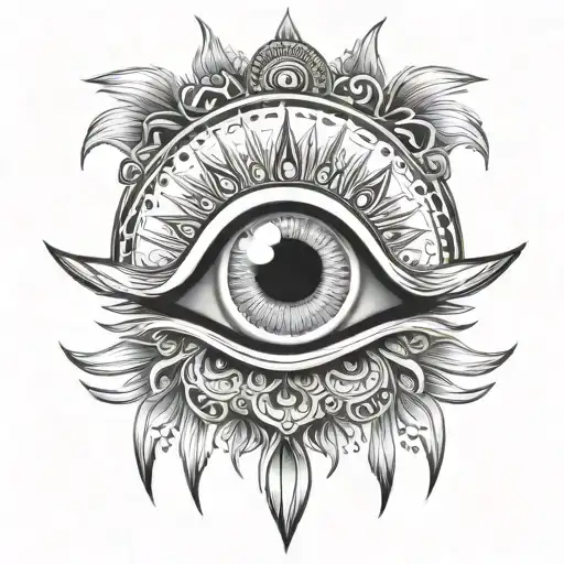 eye against evil eyes in oriental style, the sun is round, the eye is similar to the eye of the hand of Fatima tattoo design idea