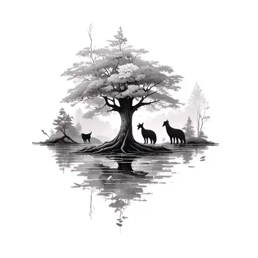 enchanted forest trees, flowers, animals hidden within tattoo design idea