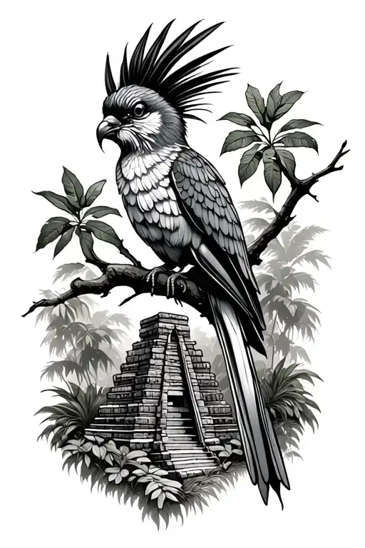 Quetzal perched on a branch infront of mayan temples with jungle and overgrown plants   tattoo design idea