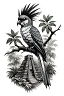 Quetzal perched on a branch infront of mayan temples with jungle and overgrown plants   tattoo design idea