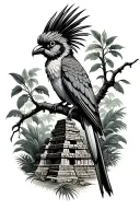 Quetzal perched on a branch infront of mayan temples with jungle and overgrown plants   tattoo design idea
