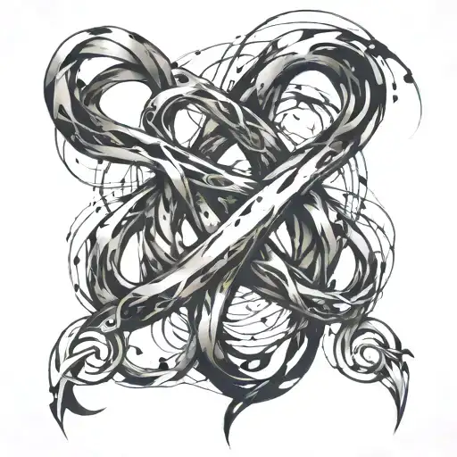 An abstract representation of the concept of infinity in a dark and grungy style tattoo design idea