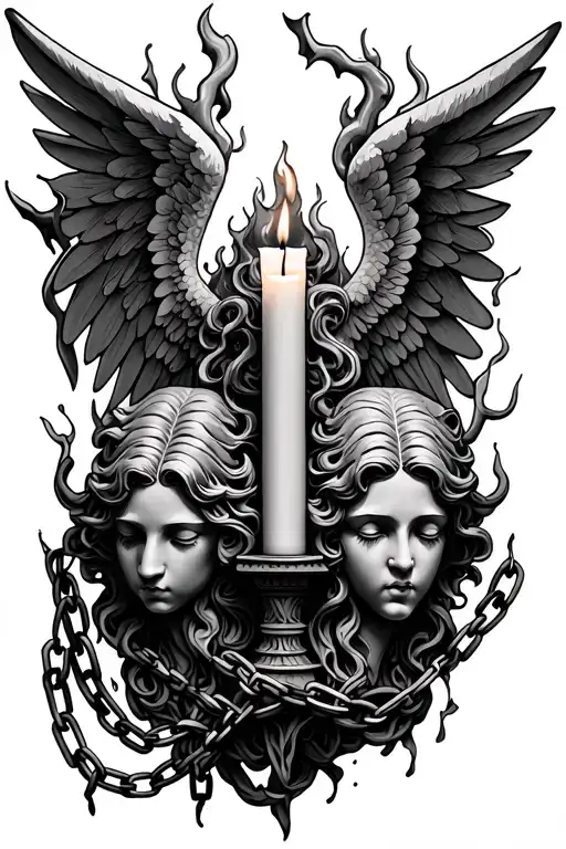 Stone angel faces/statues with closed eyesBlack flame candlesBroken chains, faint thornsFolded wings tattoo design idea