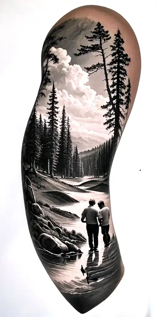 ansel adams and northeastern forest and golf course and father and kids  tattoo design idea