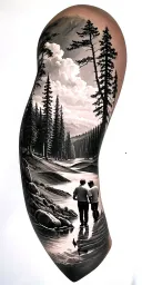 ansel adams and northeastern forest and golf course and father and kids  tattoo design idea