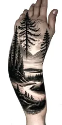 ansel adams and northeastern forest and golf course and father and kids  tattoo design idea
