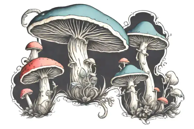 a band tattoo combining different sizes mushrooms, asymmetrical shapes, no black background, make it Psychedelic tattoo design idea
