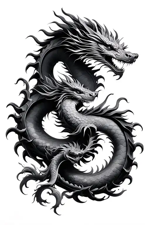 2 chinese wood dragons intertwined representing transformation with water tattoo design idea
