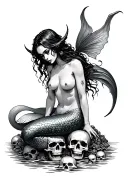 evil mermaid with tail instead of legs topless sitting on a pile of skulls with an ocean background  tattoo design idea