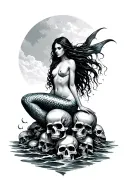 evil mermaid with tail instead of legs topless sitting on a pile of skulls with an ocean background  tattoo design idea