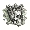 Incorporating a skull wearing a crown made of pills and surrounded by money bags, representing the dangers and allure of drug dealing tattoo design idea