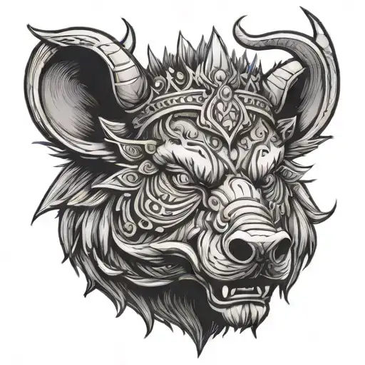 angry boar head wearing crown on a bed of armor with blue eyes and tusks showing tattoo design idea