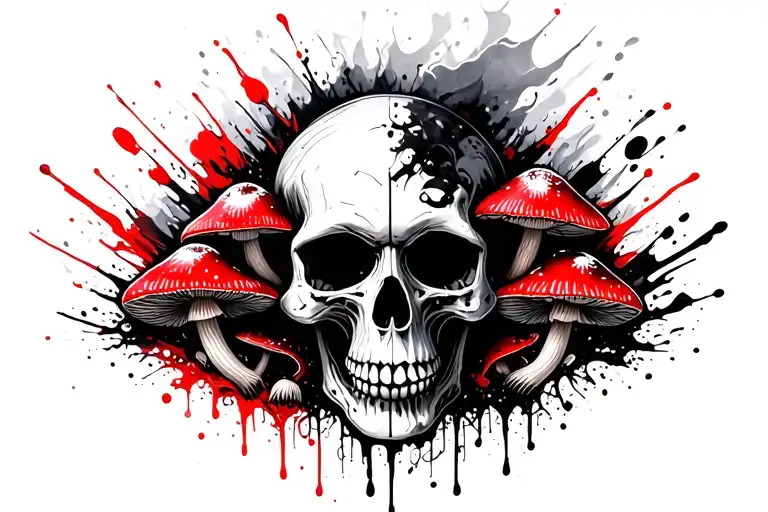skull with mushrooms, 420 and smokey tattoo design idea