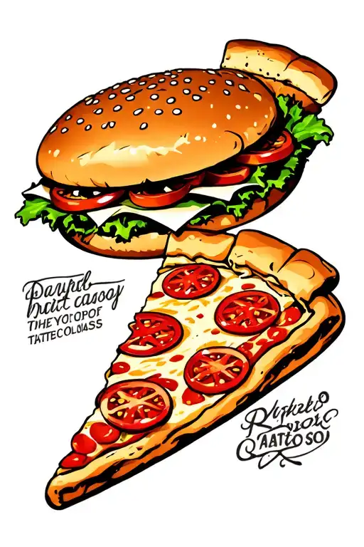 hamburger eating a slice of pizza tattoo design idea