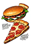 hamburger eating a slice of pizza tattoo design idea