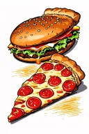 hamburger eating a slice of pizza tattoo design idea