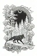 A mystical forest scene with a wolf leading the way through a tribal path of plants and trees tattoo design idea