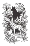 A mystical forest scene with a wolf leading the way through a tribal path of plants and trees tattoo design idea
