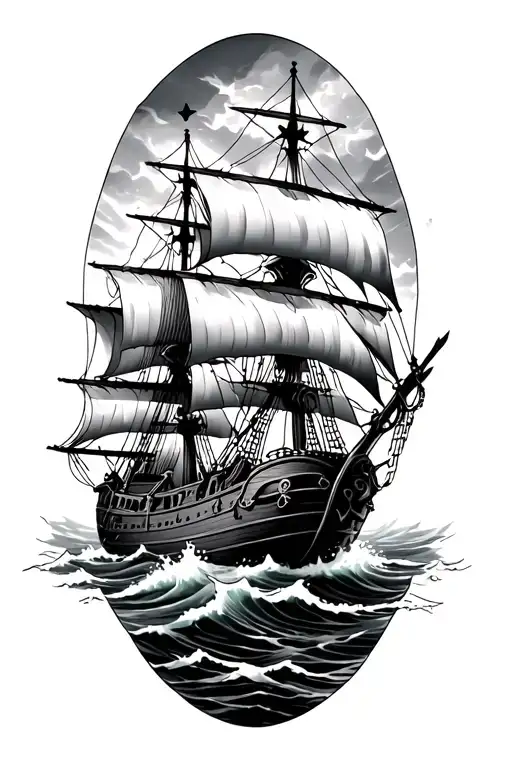 pirate ship through rough Waters cutting through nautical star tattoo design idea