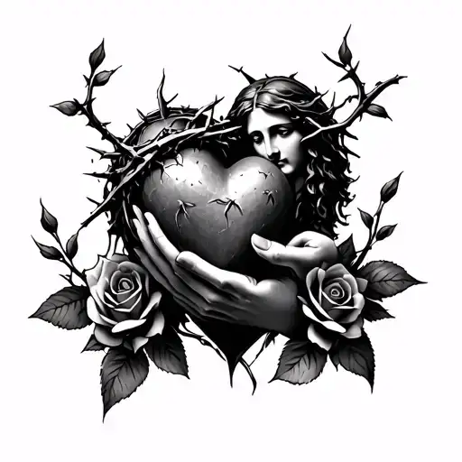 virgin mary holding jesus's heart wrapped in thorns only her hand with thorn and roses tattoo design idea