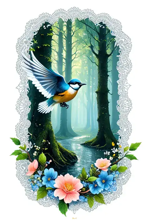 floral lace with cute bird flying in forest scene  tattoo design idea