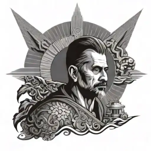 İbrahim Kaypakkaya in front of rising sun  tattoo design idea