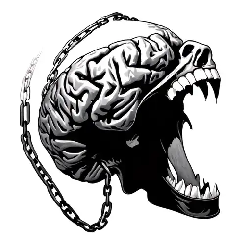 mouth biting chained brain tattoo design idea