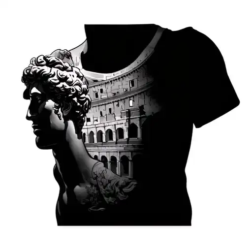 half chest tattoo of Julius Caesar and the coliseum with the coliseum in the background  tattoo design idea