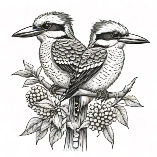 kookaburras on branch with gumnuts and bees tattoo design idea