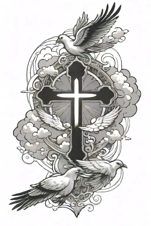 cross with doves and clouds around it luminous points tattoo design idea