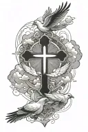 cross with doves and clouds around it luminous points tattoo design idea