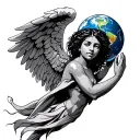 an african american angel holding earth above her head. tattoo design idea